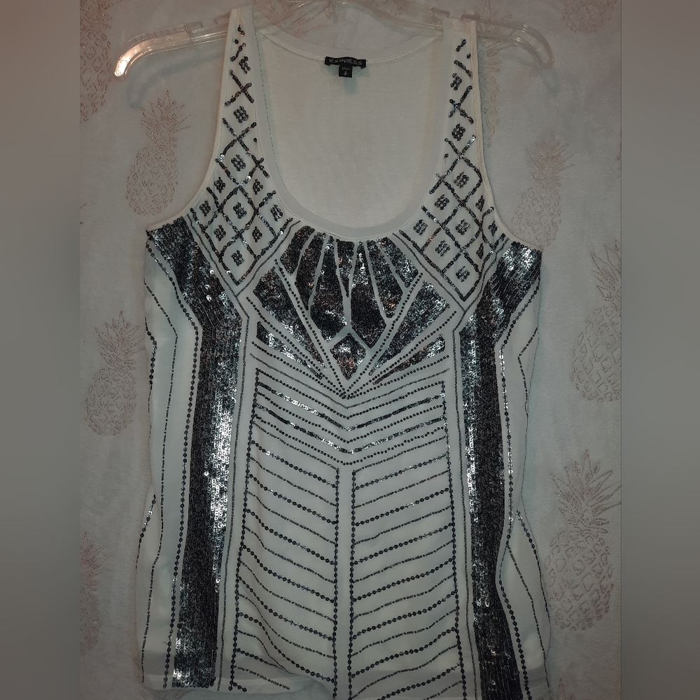 ✨️2 For $10✨️Express White Tank Top with Silver Sequin Design